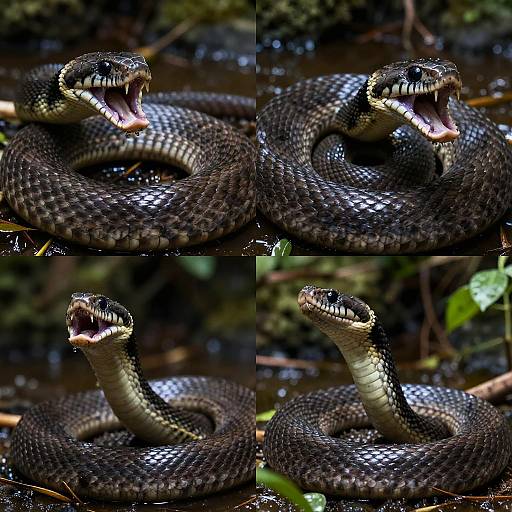 Photograph of a dark brown, patterned snake with yellow eyes and open mouth, showing sharp teeth in four different close-up shots, set against a