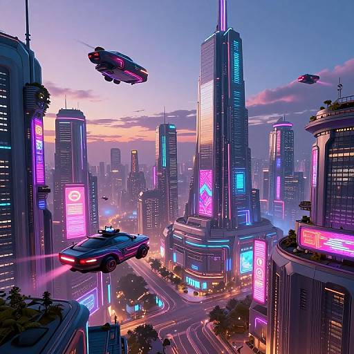 Digital art of a futuristic neon-lit cityscape at dusk, featuring flying cars, towering skyscrapers with vibrant pink and blue signs, and busy