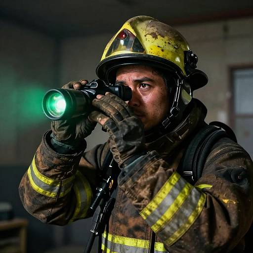 Intense Firefighter Portrait with Thermal Camera