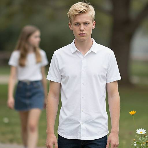 Photograph of a blonde teenage boy in a white shirt standing in a blurred park background, with a blurred brown-haired girl in a white shirt and denim