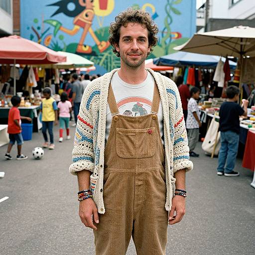 Photograph of a curly-haired man with a beard, wearing brown corduroy overalls, white crochet cardigan, and rainbow graphic tee, standing