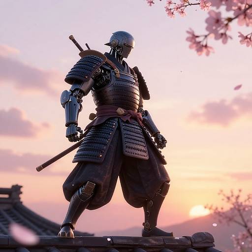 Silhouetted samurai in detailed armor with sword, standing on rooftop at sunset, cherry blossoms in background, digital artwork.