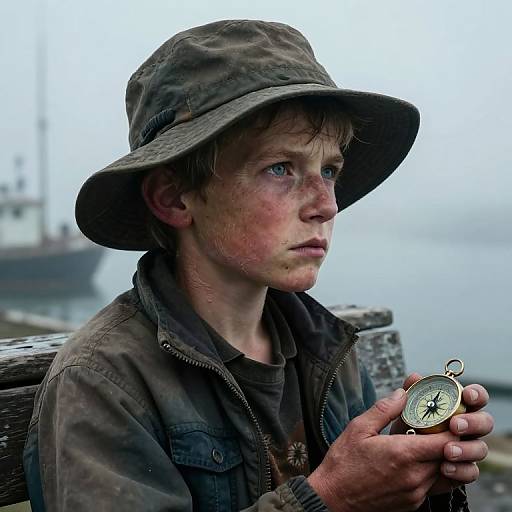 Photograph of a young boy with fair skin, blue eyes, and freckles, wearing a green hat and jacket, holding a brass compass,