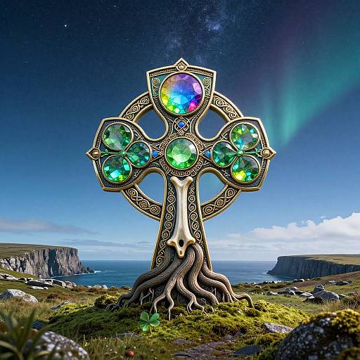 Magical Celtic cross with multicolored gemstones, rooted in grassy landscape, under aurora borealis sky, cliffs in background. Digital art