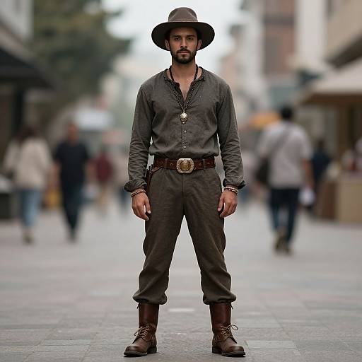 Photograph of a bearded man in a brown hat, gray shirt, and pants, with a brown belt and boots, standing confidently on a blurred