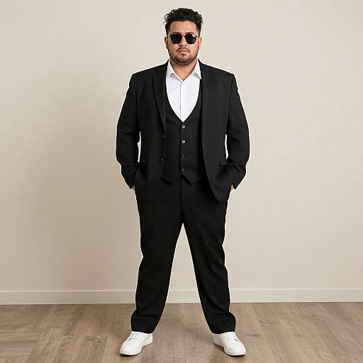 Photograph of a man with dark hair and beard, wearing black suit, white shirt, black vest, white sneakers, and sunglasses, standing against a