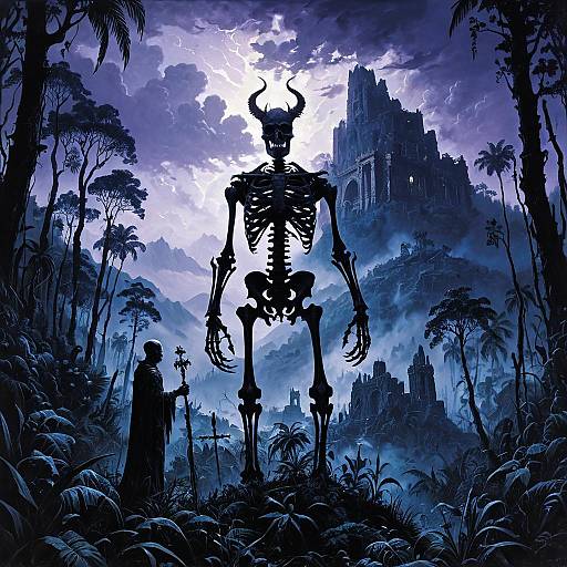 Demonic Skeleton Overlooking Ruins in Foggy Jungle