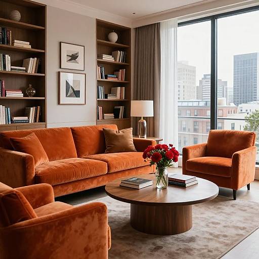Cozy Living Room with Orange Velvet Sofa