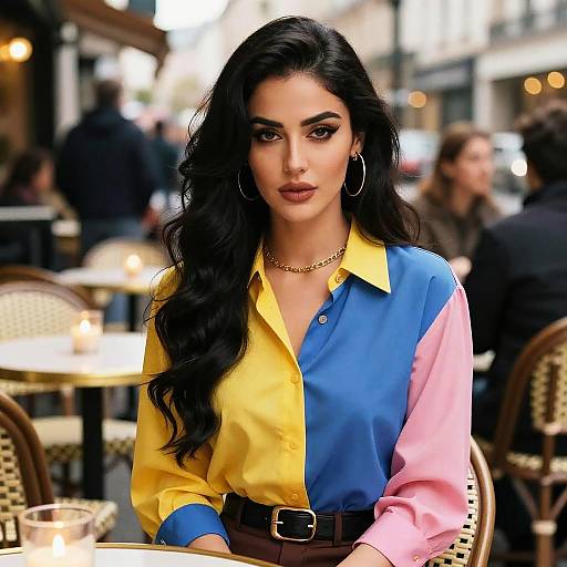 Photograph of a confident, dark-haired woman with long wavy hair, wearing a colorful yellow-blue-pink shirt, gold necklace, and hoop earrings