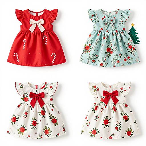 Photograph of four children's dresses: red with white bow and candy stripes, light blue with festive pattern, white with red bow and floral print,