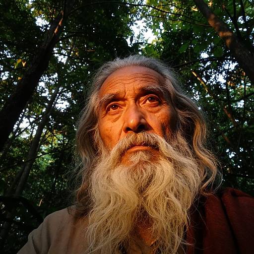 Photograph of an elderly man with a long white beard, intense gaze, and tanned skin, set against a dark forest background with dappled