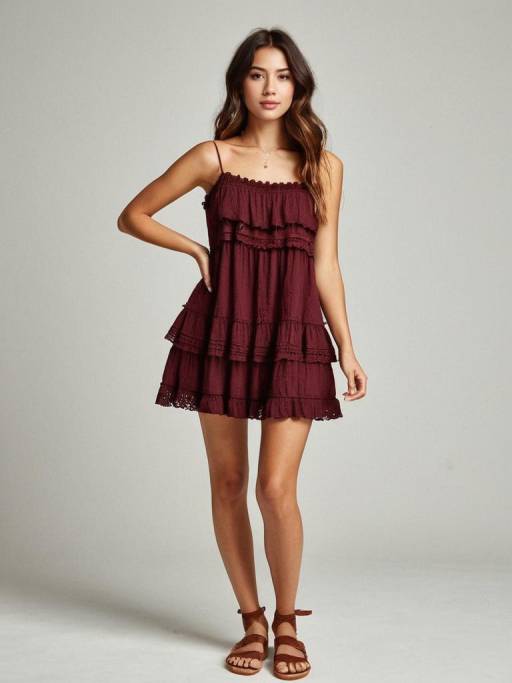 Woman in Burgundy Bohemian Tiered Mini Dress