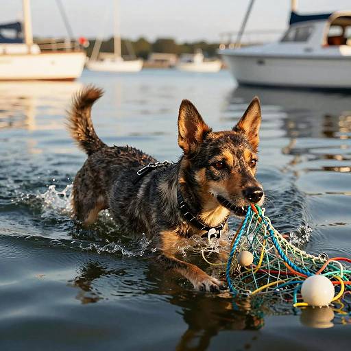 American Eskimo Dog Retrieving Nets