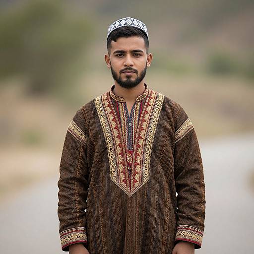 Photograph of a serious young man with a trimmed beard, wearing a traditional brown embroidered kurta and white patterned cap, standing on a blurred rural