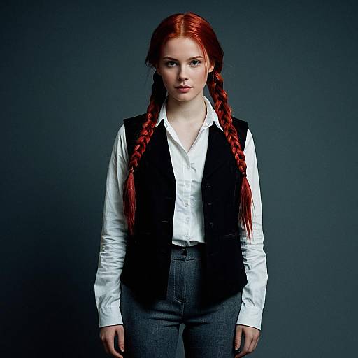 Red-Haired Woman with Twin Braids in Vest