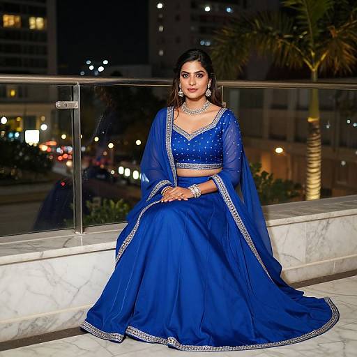 Photograph of a beautiful South Asian woman in a vibrant blue traditional lehenga with silver embellishments, sitting on a marble ledge at night, city lights