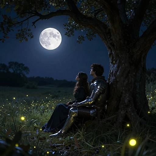 Couple Gazing at Full Moon in Medieval Setting