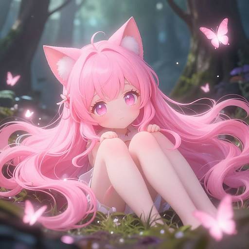Anime-style digital drawing of a pink-haired, cat-eared girl with large pink eyes, sitting in a forest, surrounded by glowing butterflies.