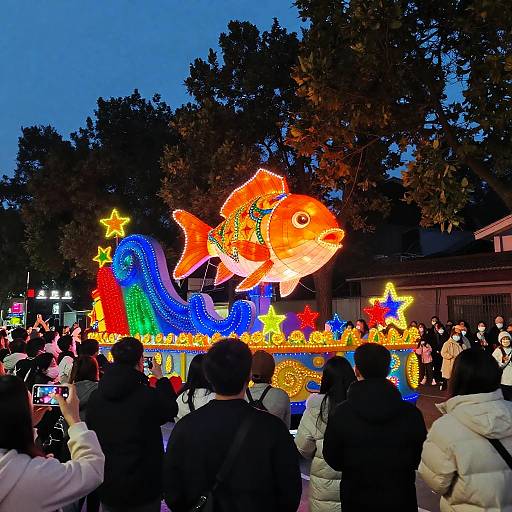 Vibrant Nighttime Parade with Glowing Fish