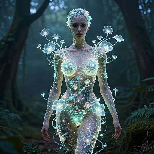 Photorealistic CGI of a glowing, ethereal woman in a dark forest, adorned with luminous flowers and lights, wearing a translucent, neon-