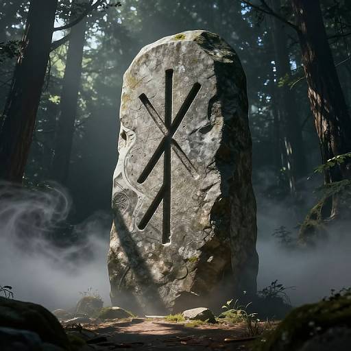 Photograph of a large, moss-covered stone monument with a black X-shaped symbol, standing in a misty, sunlit forest.