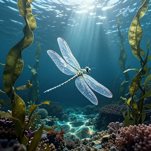 Photograph of a translucent blue dragonfly with intricate wings, floating above a sunlit underwater coral reef, surrounded by wavy seaweed.
