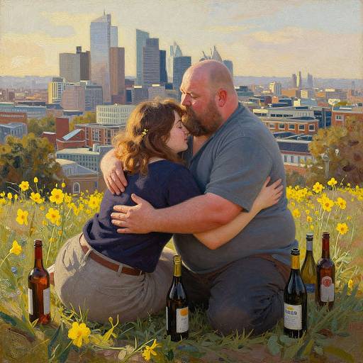 Photograph of a couple kissing on a grassy hill, surrounded by yellow flowers and wine bottles, with a city skyline in the background.