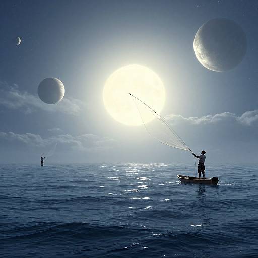 Silhouetted fisherman on boat, fishing with line, against glowing sun, large planets in blue, cloudy sky, calm ocean, second fish