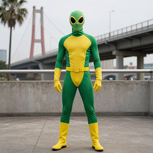 Photograph of a person in a green and yellow superhero costume, standing outdoors, wearing a mask with black and yellow eyes, yellow boots, gloves,