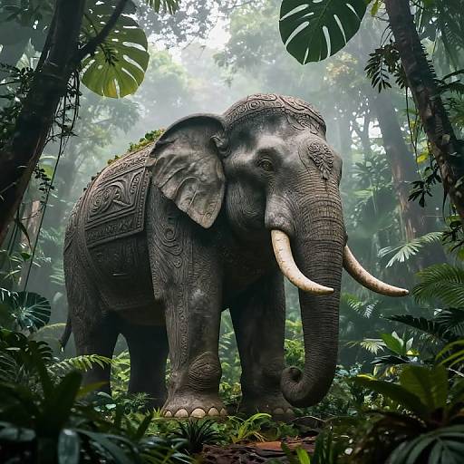 Photorealistic CGI of an intricately patterned, ancient-style elephant with long ivory tusks standing in a lush, dense jungle.