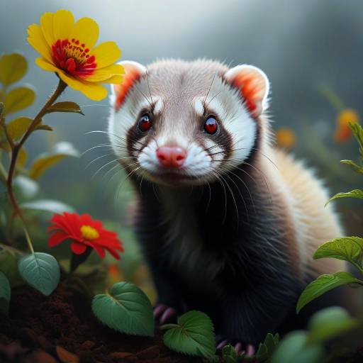 Curious Ferret Among Colorful Flowers