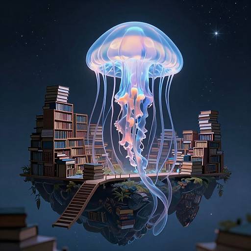 Digital illustration of a glowing jellyfish hovering above a floating city made of stacked books, with a starry night sky background.