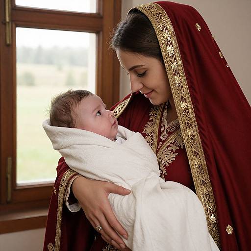 Photograph of a South Asian woman in a maroon and gold embroidered saree, gently holding a swaddled baby in a white blanket, by