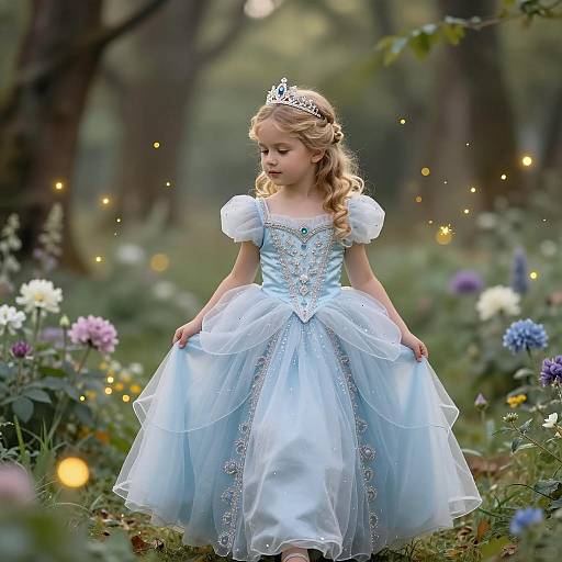 Young Girl in Princess Dress in Enchanted Garden