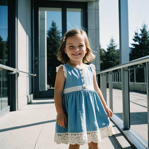 Smiling Toddler Girl in Blue Sundress Outdoors