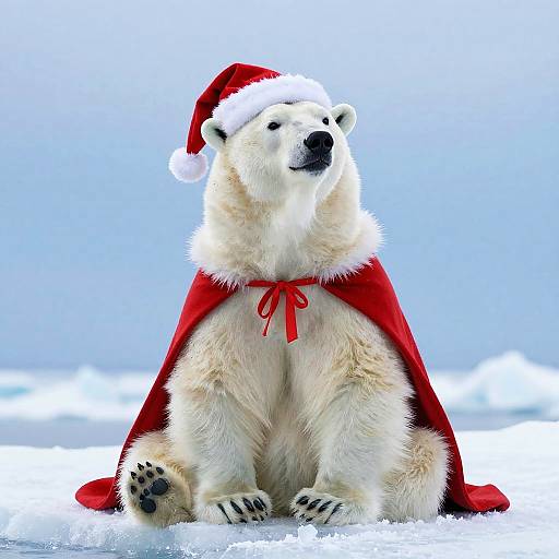 Adolescent Polar Bear in Santa Outfit