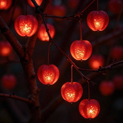 Photograph of red, glowing, lantern-like apples hanging from dark tree branches, creating a warm, enchanting nighttime scene.