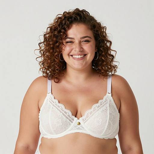 Plus-Size Woman Smiling in White Lace Bra