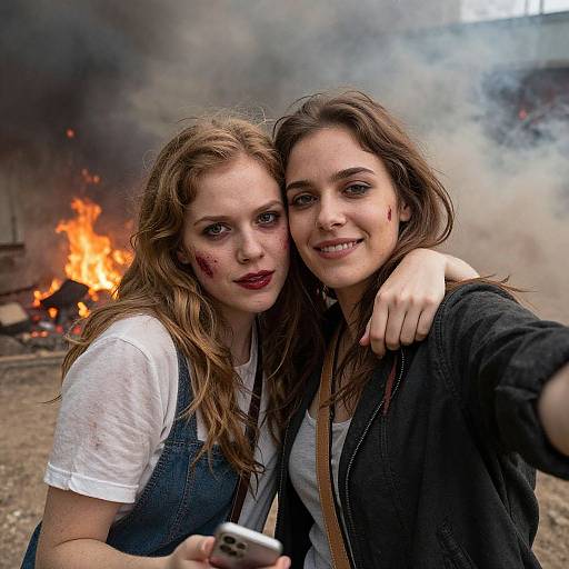 Photograph of two smiling young women with blackened faces, standing close in front of a burning building, taking a selfie.