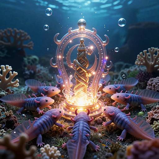 Photograph of glowing underwater sculpture surrounded by purple-striped fish, coral, and bubbles, illuminated by bright, magical lights.