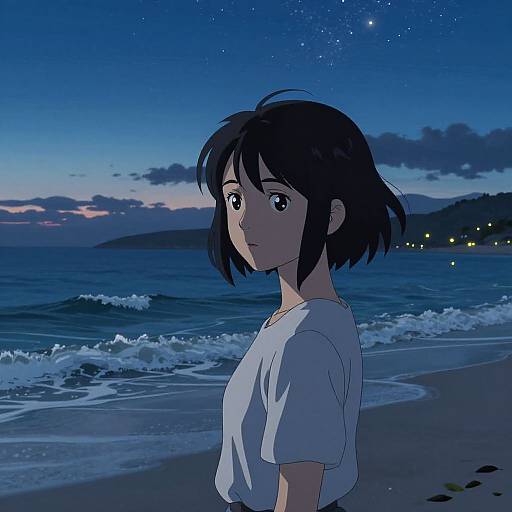 Anime Young Woman on Twilight Beach