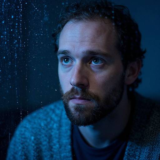 Photograph of a serious, bearded man with curly hair, blue eyes, and gray sweater, gazing out a rain-speckled window under