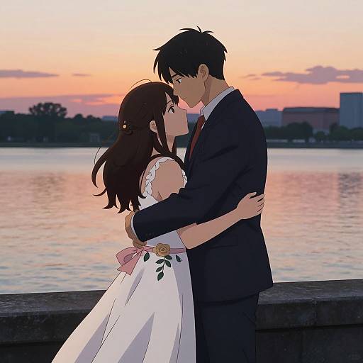 Anime Couple Embrace at Sunset