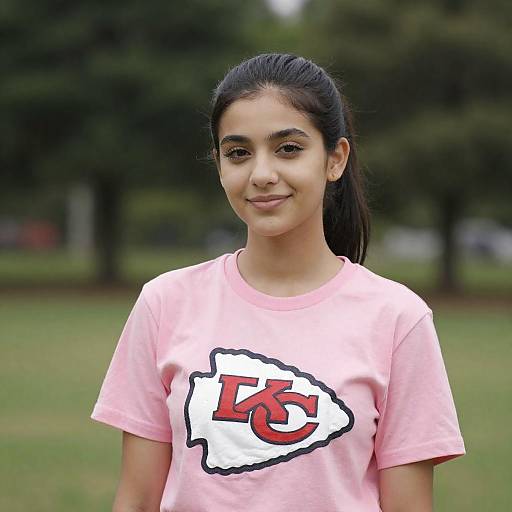 Smiling Woman in Chiefs T-Shirt