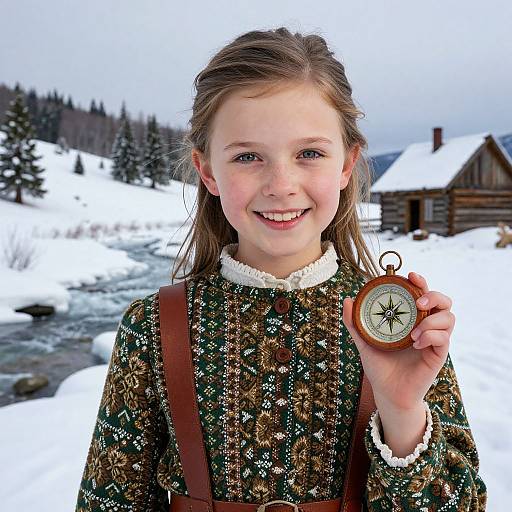 Photograph of a smiling young girl with light brown hair in a green, patterned winter dress holding a brass compass, standing in a snowy, forest