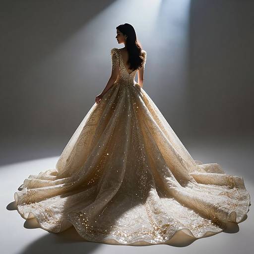 Photograph of a silhouetted woman in a shimmering, gold, full-length gown with a voluminous skirt, standing in dramatic lighting.