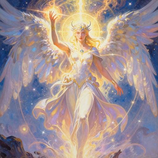 Digital painting of a radiant, winged angel with golden halo, flowing white gown, and glowing aura, set against a starry night sky.