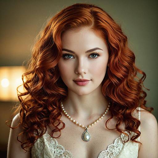 Woman with Curly Red Hair and Pearl Necklace