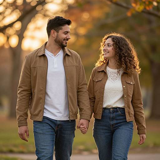 Photograph of a smiling couple holding hands in an autumn park, wearing brown jackets, white shirts, and blue jeans, with sunlight filtering through trees in