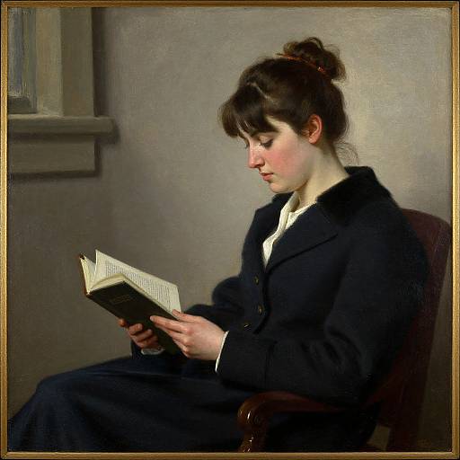 Photorealistic painting of a focused young woman with fair skin, dark hair in a bun, wearing a black coat, reading a book in a dim